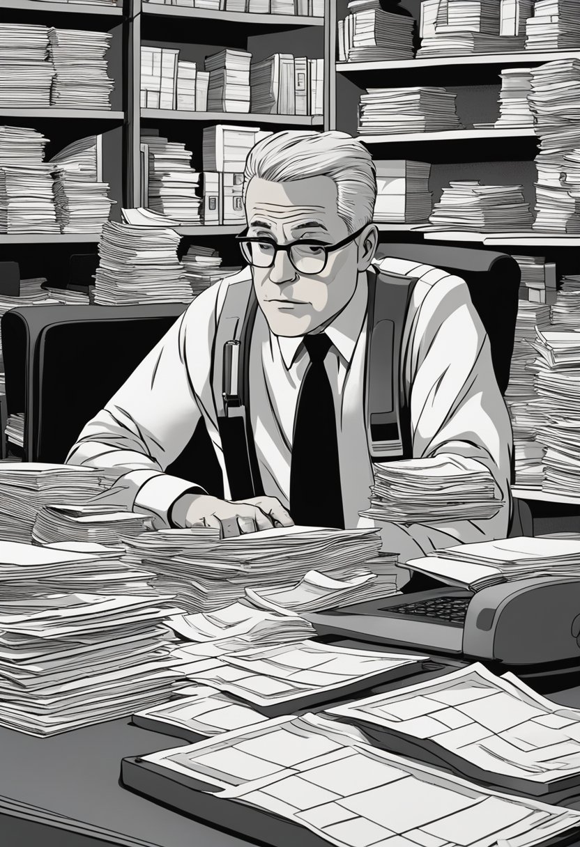 A person sitting at a desk with a puzzled expression, surrounded by legal documents and a computer, contemplating whether or not to hire an employment lawyer
