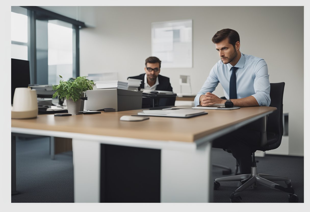 A dejected employee clearing out their desk while being watched by their unsympathetic boss