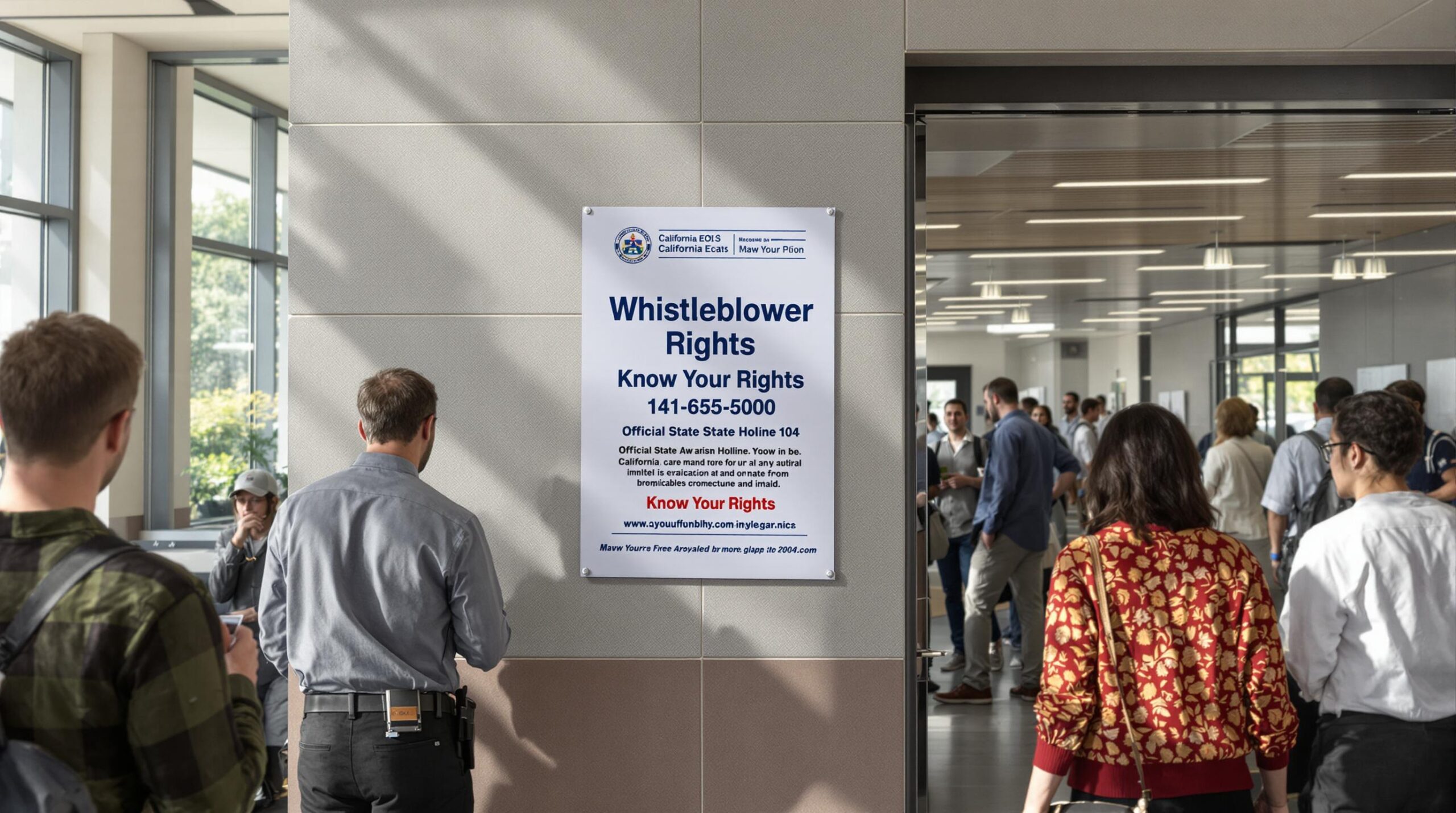 California office lobby with whistleblower rights notice and employees noticing poster