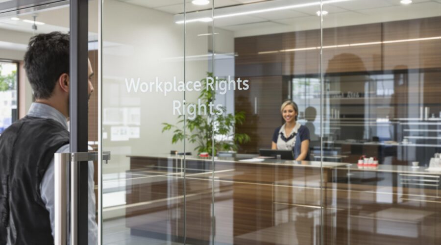California worker welcomed at free consultation law office reception with 'Workplace Rights' sign