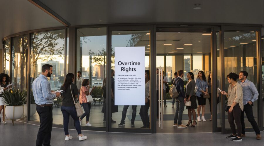 Diverse California workers outside office, overtime rights highlighted on poster