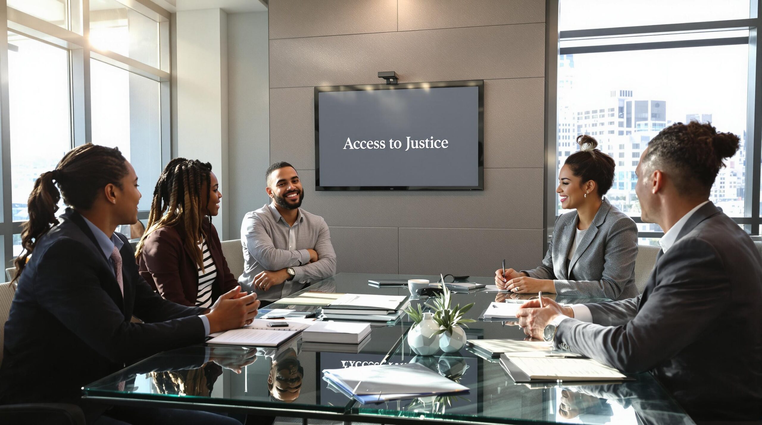 California employees meet lawyer in bright office, sign reads Access to Justice