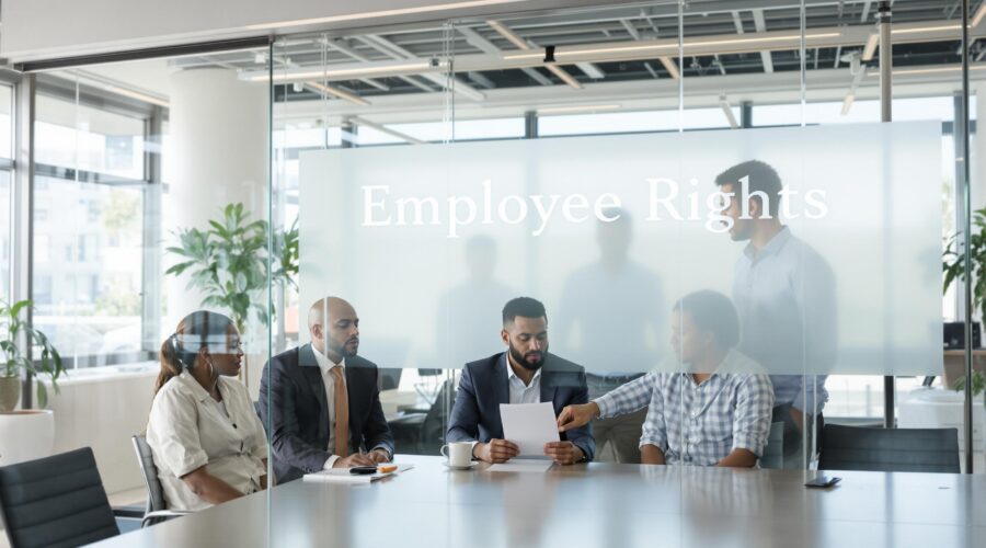 Diverse employees in office during sensitive termination meeting, 'Employee Rights' on wall