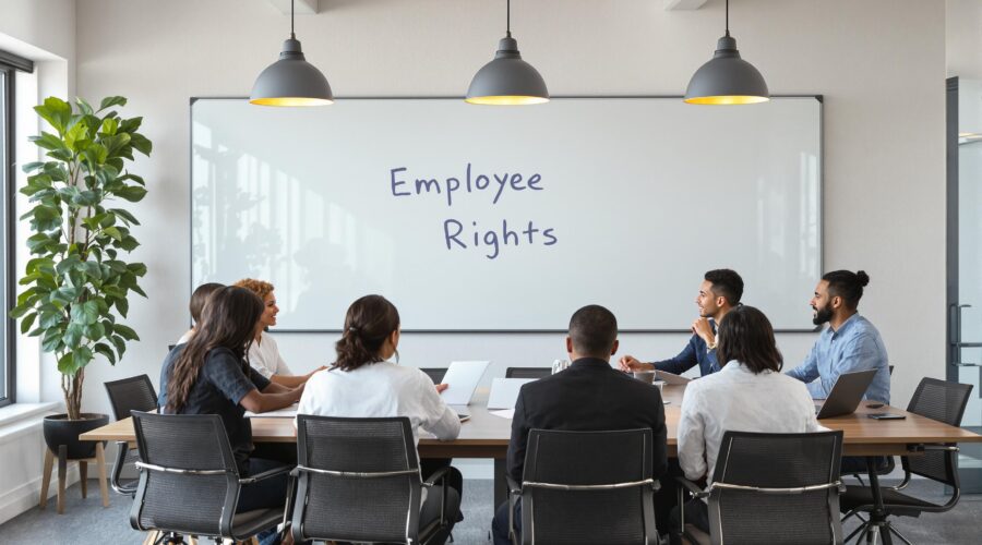 Diverse employees discussing workplace rights in office with 'Employee Rights' on whiteboard