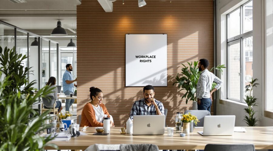Diverse professionals collaborating in an office with a 'Workplace Rights' poster
