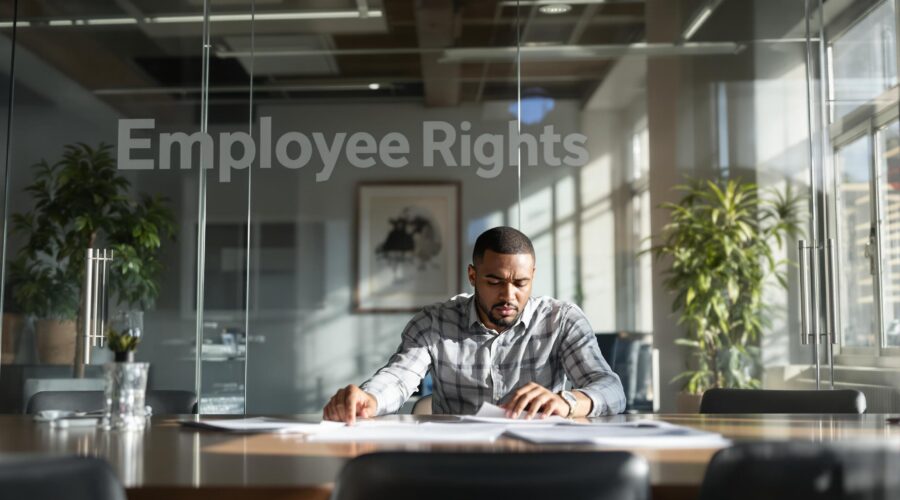 Professional worried about demotion reviewing paperwork with employee rights text