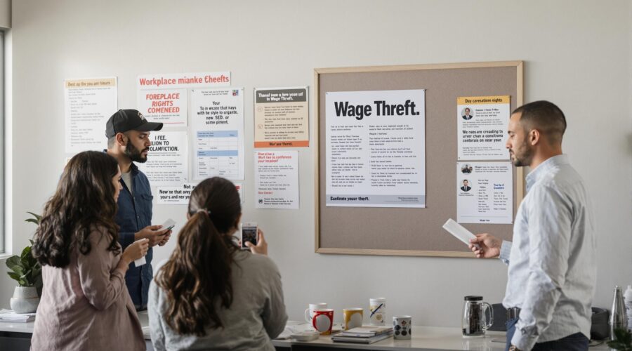 Concerned California workers review pay stubs in breakroom with wage theft poster