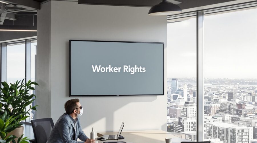 Diverse group of older workers stands in office with 'Worker Rights' on screen