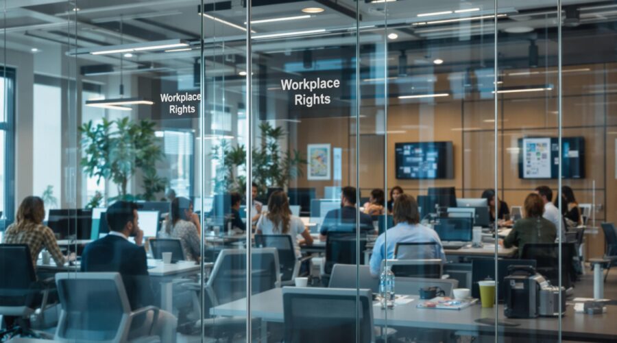 Diverse employees in a modern California office with 'Workplace Rights' visible on a wall.