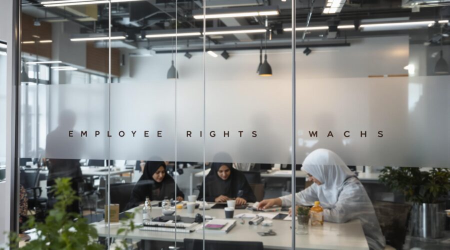 Diverse California office colleagues with religious attire, discussing around table, 'Employee Rights' on glass wall