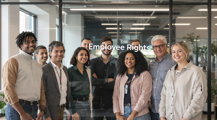 Diverse office employees in California stand united promoting employee rights