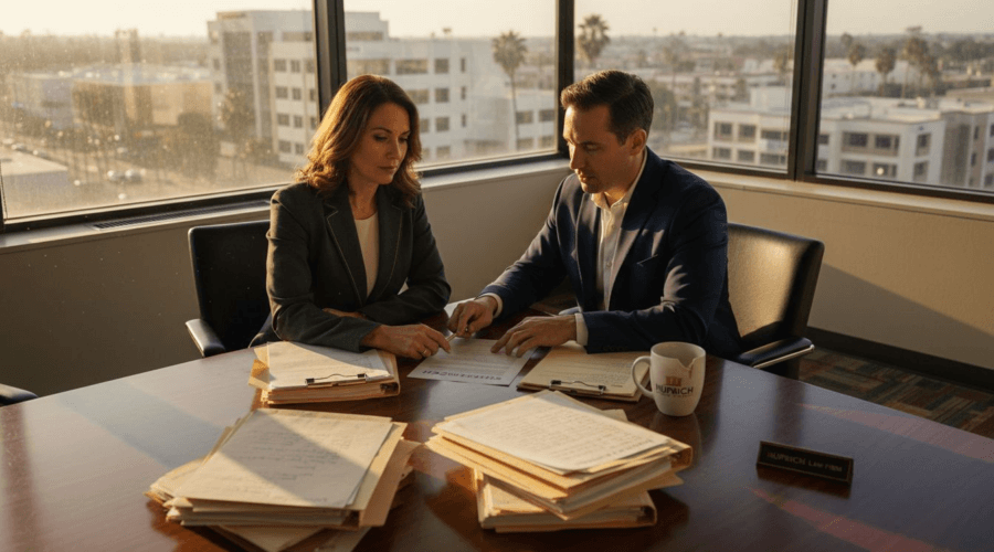 Employee and attorney discuss case in Pasadena office