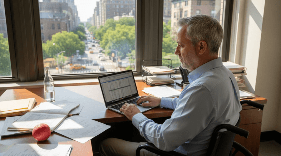 Man in wheelchair working in corner office