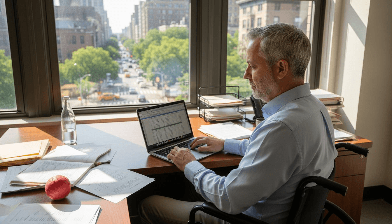 Man in wheelchair working in corner office