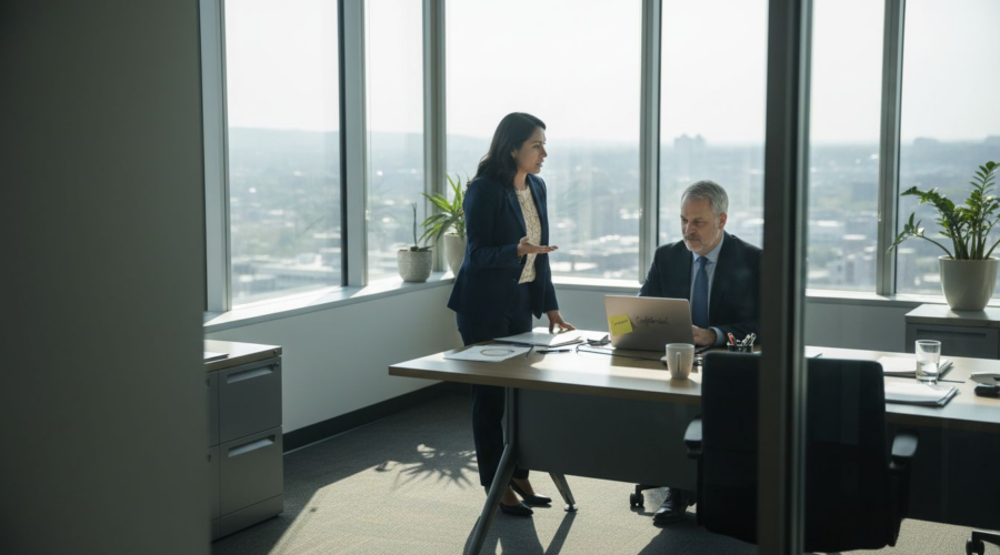 Employee meeting HR in office about harassment