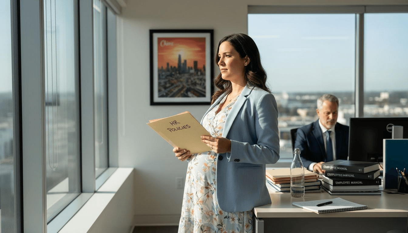 Pregnant employee reviewing HR folder in office