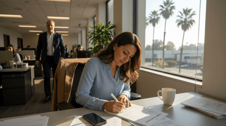 Employee filling family leave paperwork in Covina office
