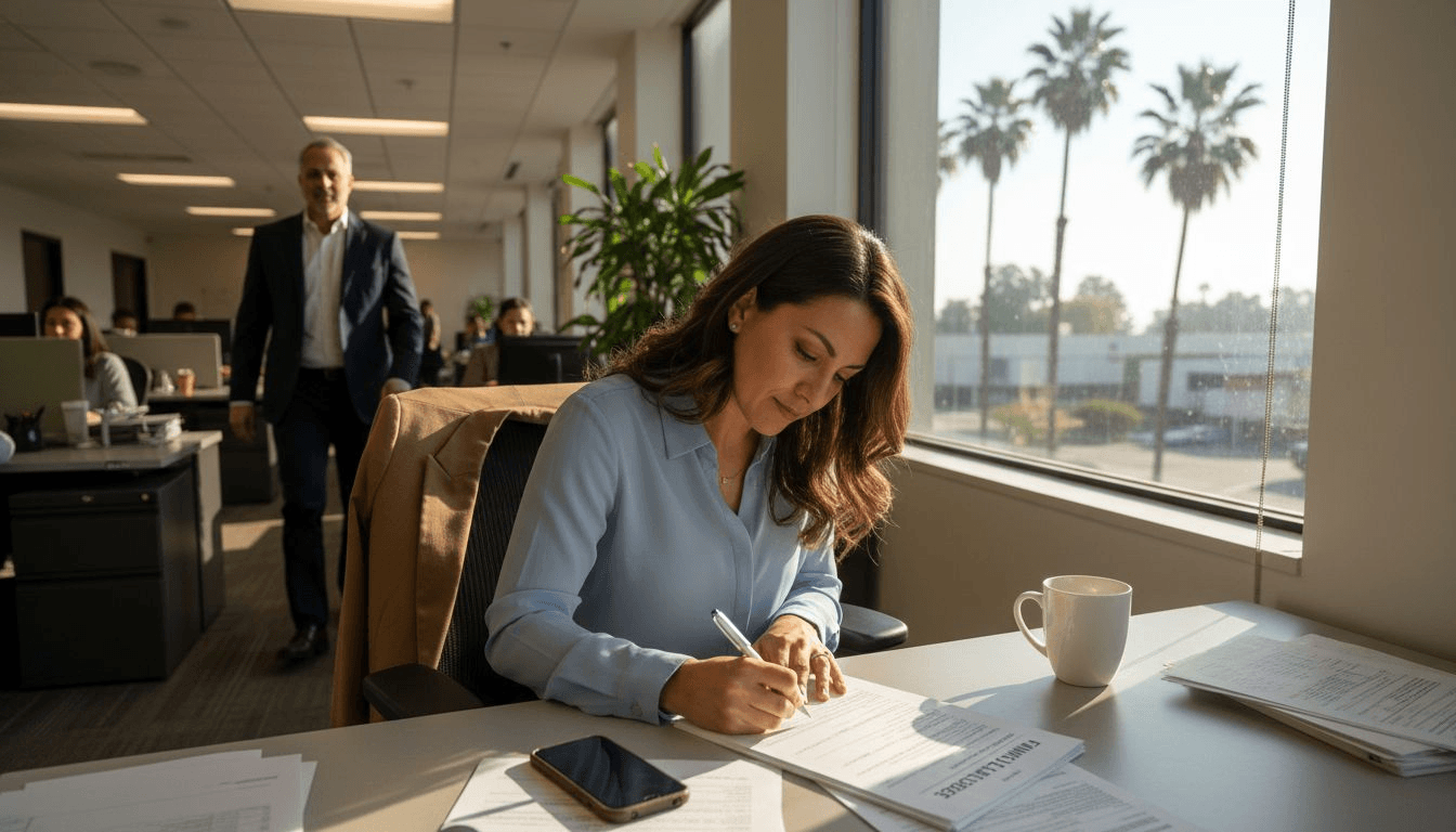 Employee filling family leave paperwork in Covina office