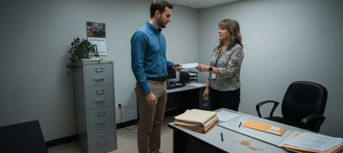 Employee handed paycheck in HR office
