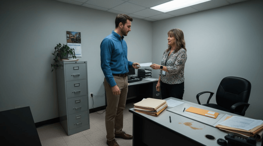 Employee handed paycheck in HR office