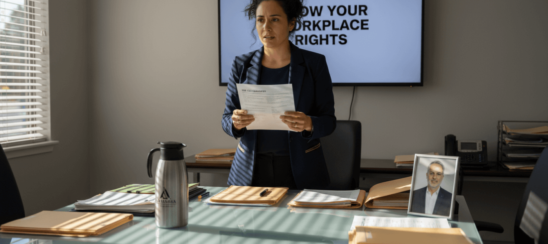 Woman holding retaliation complaint in Alhambra office