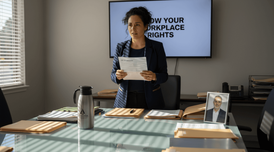 Woman holding retaliation complaint in Alhambra office