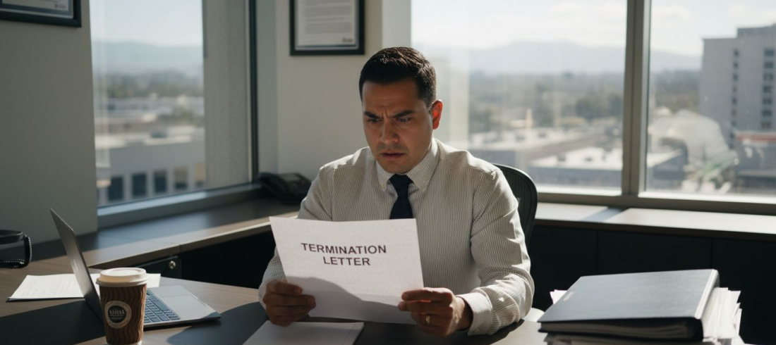 Employee reading termination letter in office