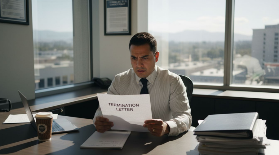 Employee reading termination letter in office