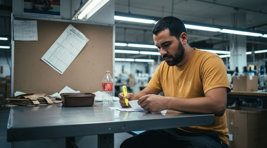Worker reviewing paystub at El Monte factory