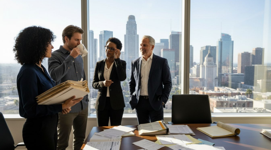 Workers in Los Angeles high-rise office window