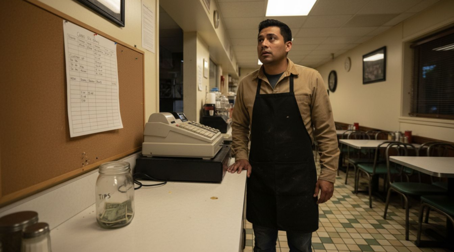 Hourly restaurant worker checking schedule in diner