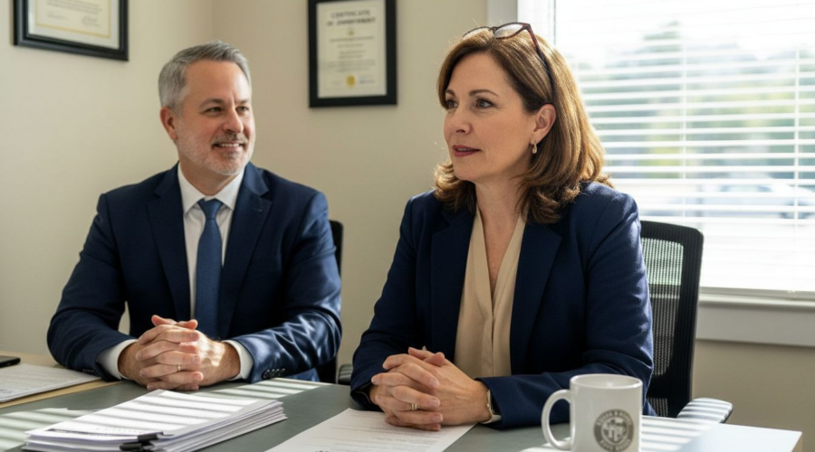 Middle aged woman interviewed in HR office