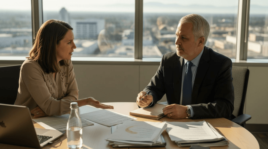 Two Glendale office workers discussing papers