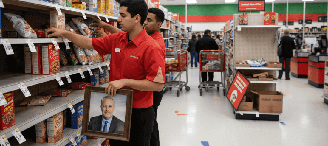 Retail workers restocking Target Glendale store aisle