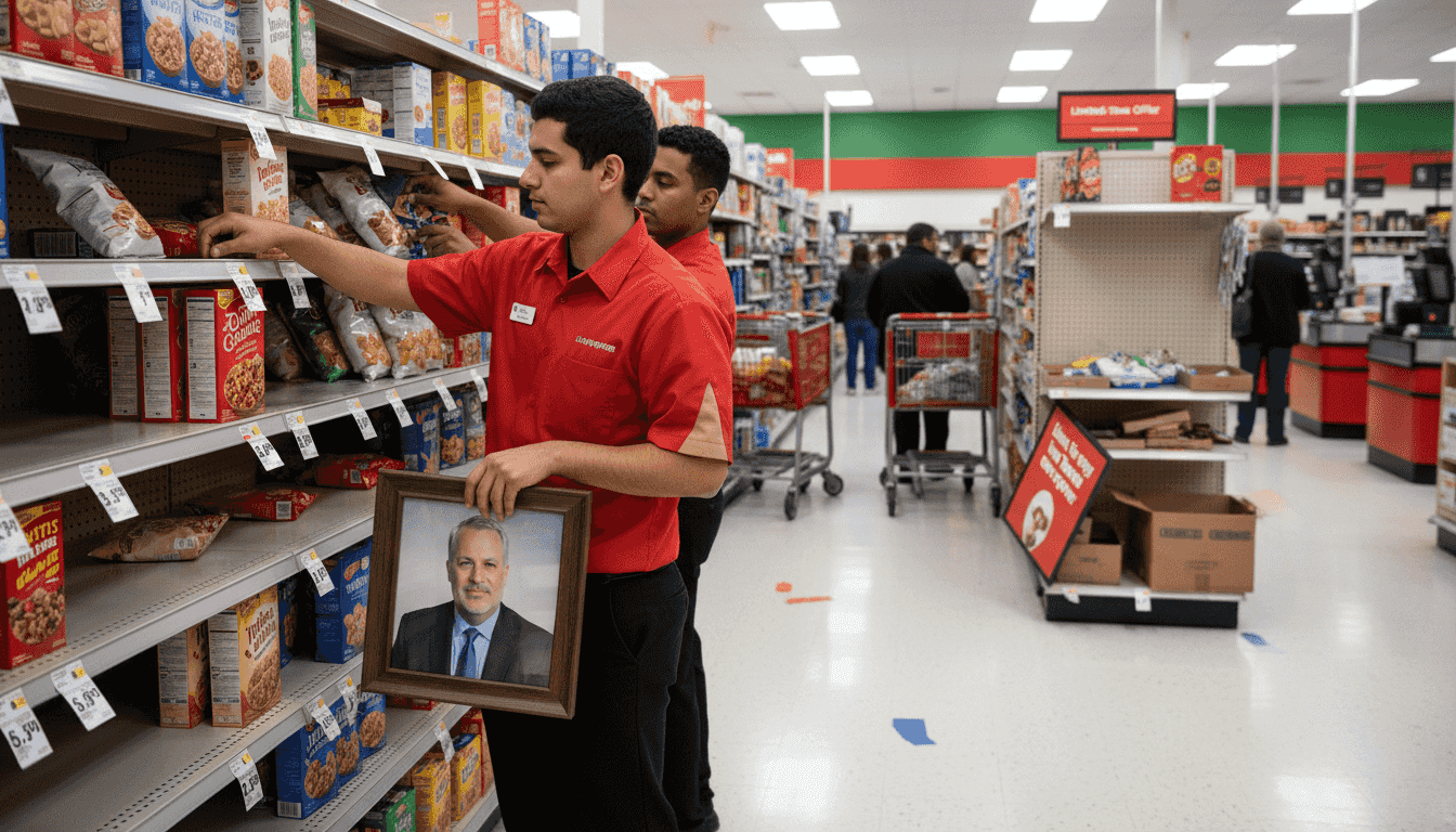 Retail workers restocking Target Glendale store aisle