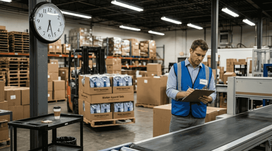 Warehouse worker checking overtime hours in Ontario
