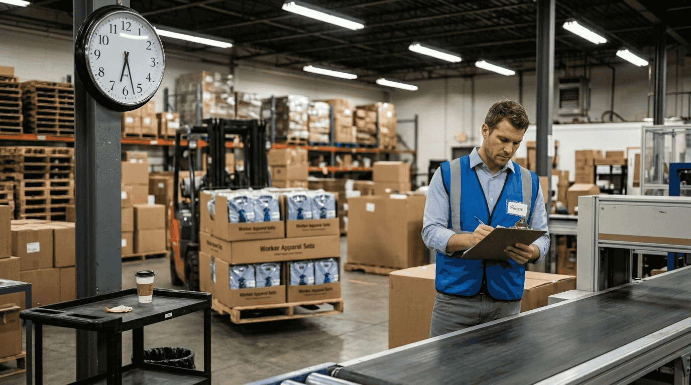 Warehouse worker checking overtime hours in Ontario