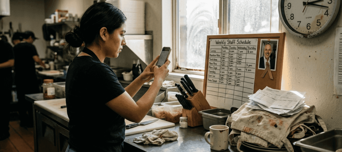 Restaurant worker documents schedule with phone Restaurant worker documents schedule with phone