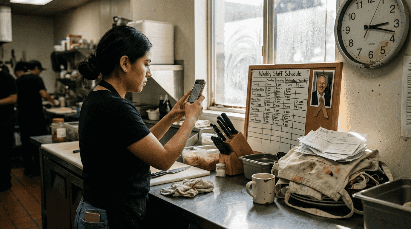 Restaurant worker documents schedule with phone