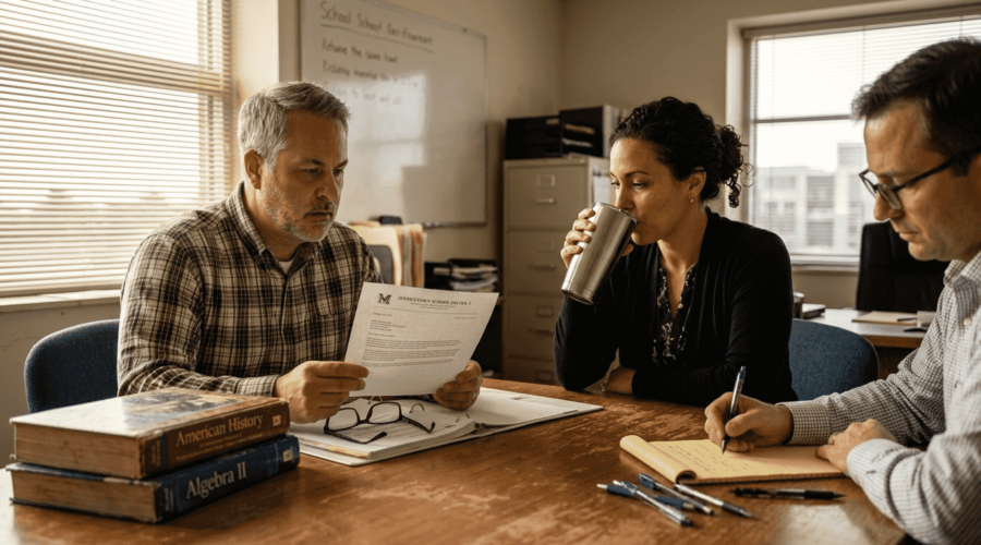 Teacher and administrators in tense dismissal meeting