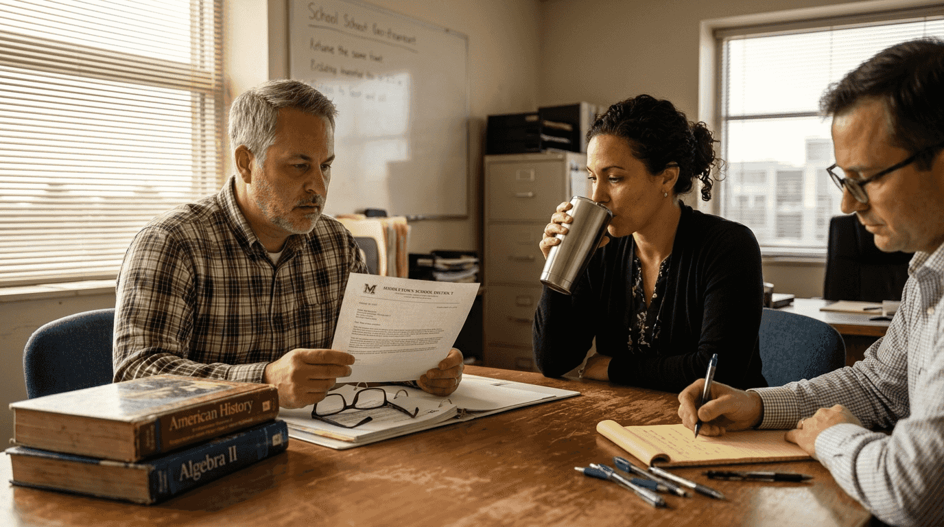 Teacher and administrators in tense dismissal meeting