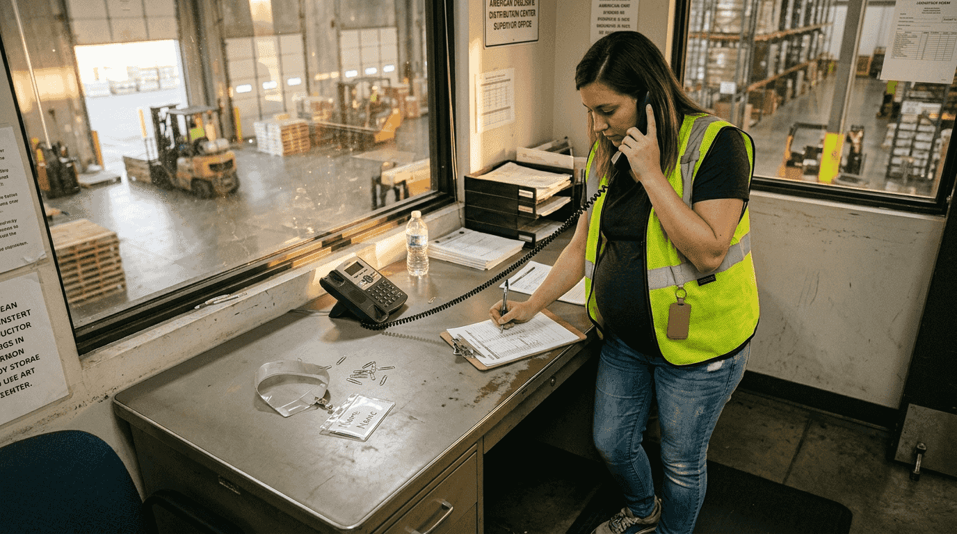 Pregnant warehouse worker multitasking in office