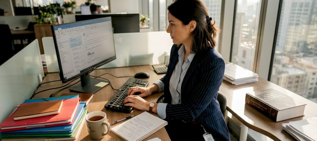 Financial employee typing email in corporate office Financial employee typing email in corporate office