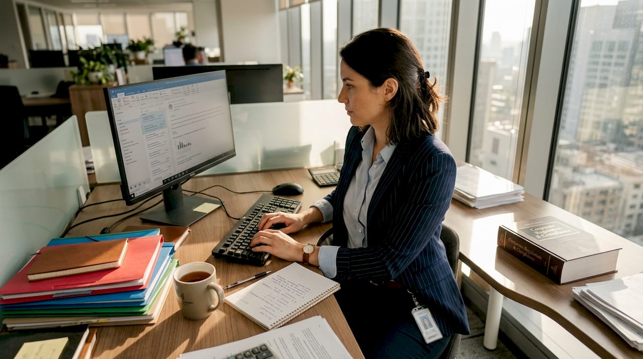 Financial employee typing email in corporate office