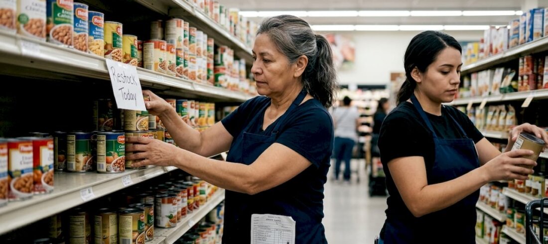 Older retail worker stocking shelves beside younger coworker Older retail worker stocking shelves beside younger coworker