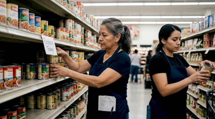 Older retail worker stocking shelves beside younger coworker