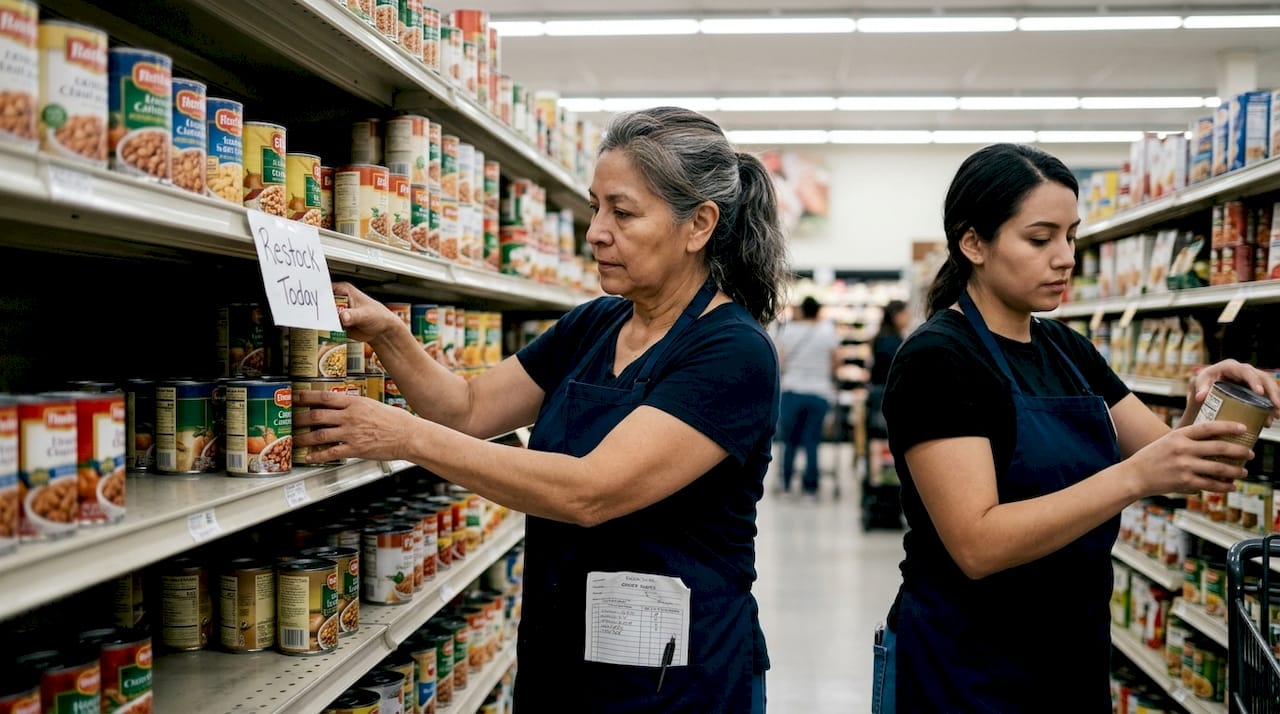 Older retail worker stocking shelves beside younger coworker