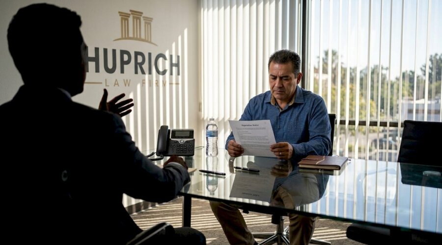 Worker receiving termination notice at office table