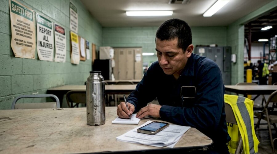 Factory worker documents incident at break table