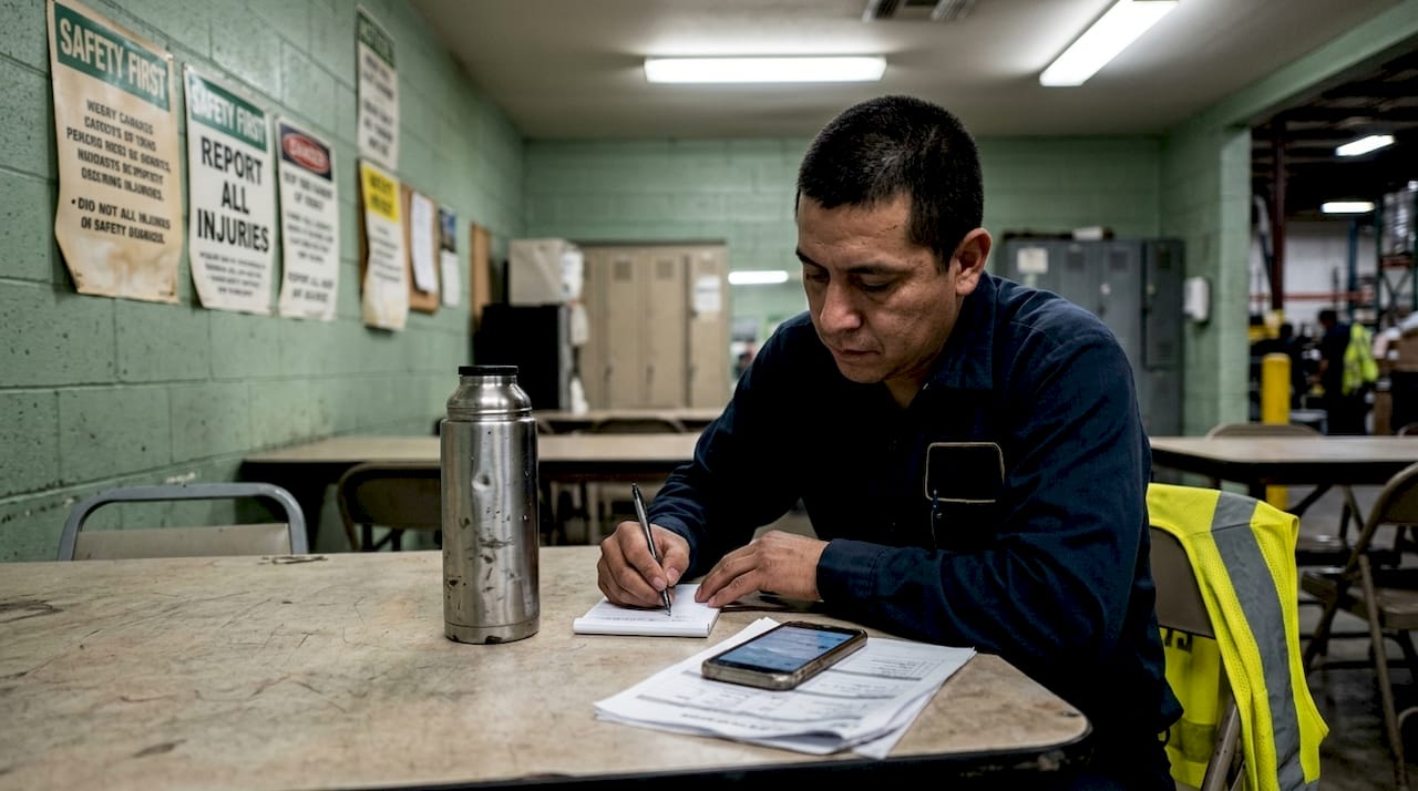 Factory worker documents incident at break table